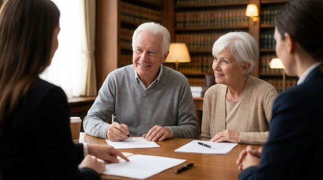 Couple in their sixties discussing estate planning documents with an attorney in a warm law office setting