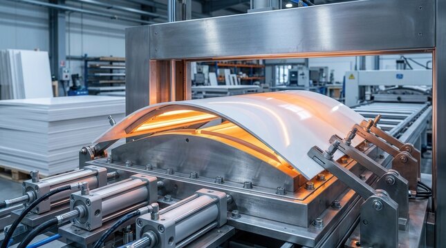 Medium shot of the thermoforming process for laminated appliance panels with smooth curved surfaces.