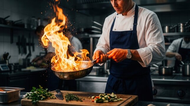 A chef racing against a kitchen timer in a culinary challenge with flames rising from a pan.