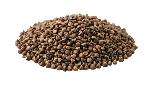 Heap of raw organic buckwheat groats isolated on white background.