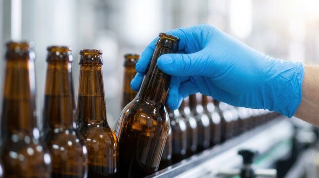 Worker performing quality control on an automated beer bottling process in a brewery factory.