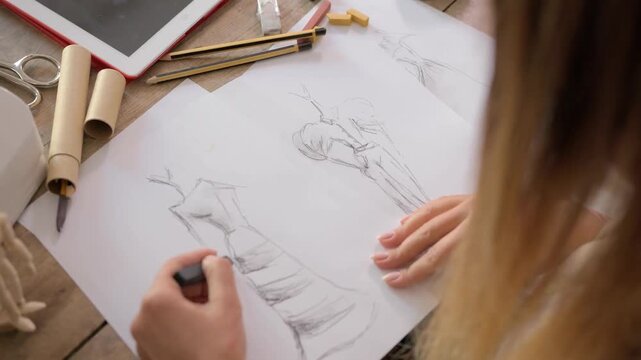 woman designer drawing clothes by pencil pen using ruler on white paper. costume fashion design making sketches for work projects close up. Drawing and sketching lessons. new dress model. female girl