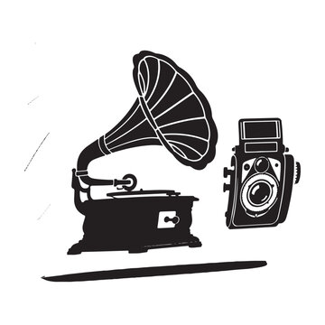 Black and white of a vintage gramophone and a classic twin lens reflex camera isolated on a white background