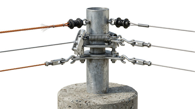Industrial metallic pole with electrical wires and connectors.