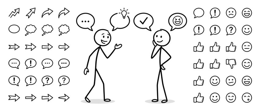 Stick figures communicating with speech bubbles and icons