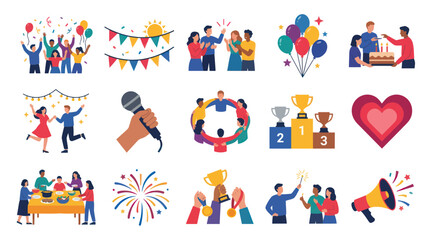 Fototapeta premium Flat Design Illustrations of Celebration, Party, Success, Teamwork, and Event Concepts with People, Balloons, Trophies, and Microphones