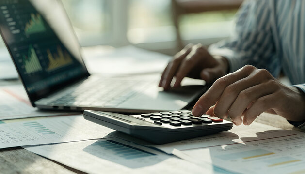 Business professional working with laptops, financial charts, calculator and printed reports at a modern office desk, illustrating corporate finance, data analysis and strategic business planning.