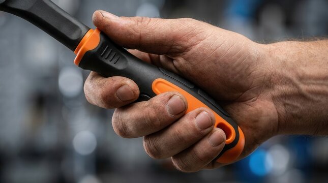 Hand gripping a dualcolor ergonomic tool handle with soft elastomer overmolding for comfort and control.