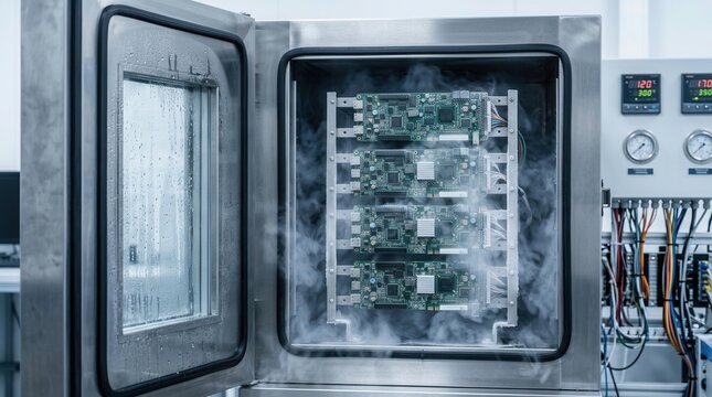 Medium shot of electronic devices undergoing thermal shock testing inside a specialized chamber with rapid temperature changes to ensure durability and performance.