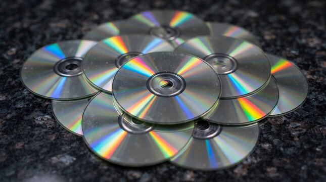 Scattered pile of glossy silver CDs overlapping with vivid rainbow reflections on dark granite surface