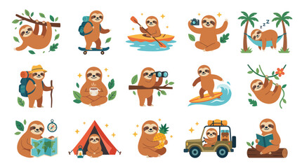 Fototapeta premium Cute Sloths Flat Cartoon Vector Illustration Set: Travel, Adventure, and Leisure Activity Collection