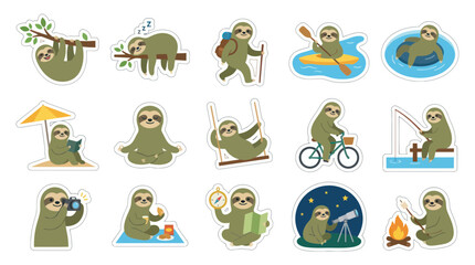 Obraz premium Cute Sloth Vector Stickers: Relaxing Activities, Flat Design, Cartoon Style