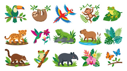Fototapeta premium Cute Flat Cartoon Vector Illustration Set of Tropical Rainforest Animals and Jungle Flora