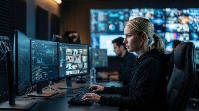 Content moderation team using advanced detection tools to identify synthetic media across social platforms