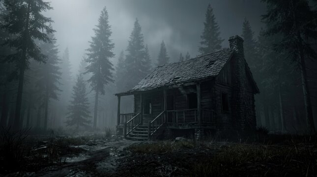 Abandoned wooden cabin standing in foggy pine forest at night