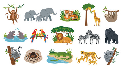 Fototapeta premium Diverse Wild Animal Families Flat Vector Cartoon Illustration Set - Cute Parents and Babies Collection