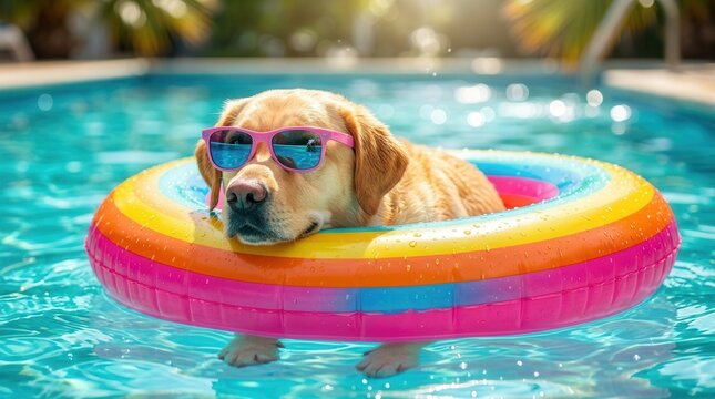 A cheerful dog enjoys a relaxing day on a vibrant float in a sparkling swimming pool.