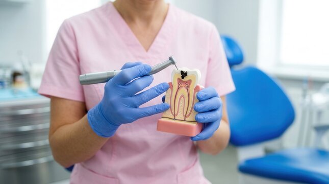 Adult caucasian female dentist demonstrates tooth structure model caries and nerve canal problems with dental drill tools