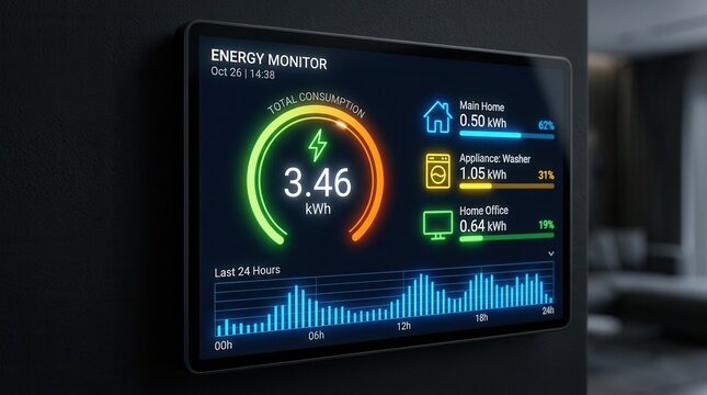 Vibrant digital display showing real time energy consumption per appliance and electricity usage.