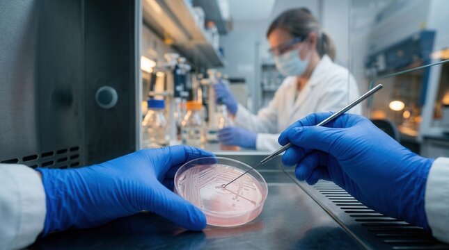 Researcher using a sterile inoculation loop to streak bacteria across an agar plate in a controlled lab environment