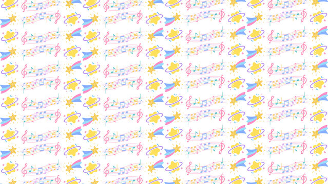 Pastel musical notes seamless pattern, cute yellow stars and rainbows on white background, whimsical nursery wallpaper texture