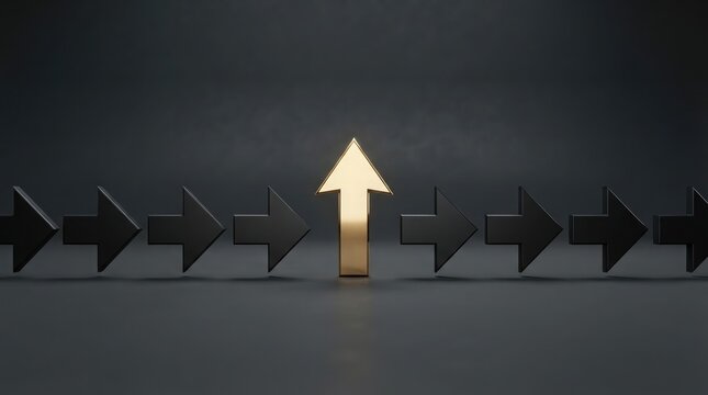 A conceptual illustration featuring a single golden arrow pointing upwards amidst a line of identical black arrows on a dark textured background
