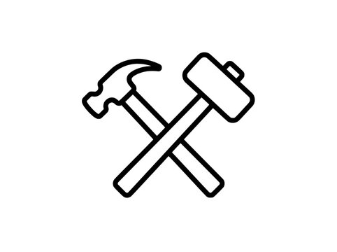 Minimalist crossed hammer and mallet icon, black line art construction tools vector, industrial repair and carpentry symbol