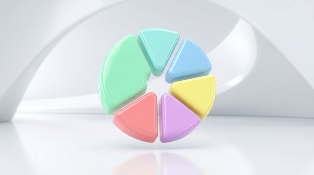 Pastel colorful pie chart slices floating on a white glossy background 3d rendering financial statistics infographic element for business data analysis minimal graphic