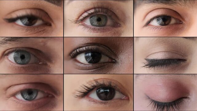 Multiple collage numerous shots. look camera. Edited Montage portraits multiethnic. Close up Human blue eyed woman. man. no make up face macro. blink lashes. Beauty. vision eyesight eyestrain detail
