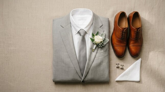 Minimalist studio shot of a groom's flat lay detail featuring a folded suit jacket, silk tie, boutonniere, cufflinks, and polished leather shoes on neutral linen.