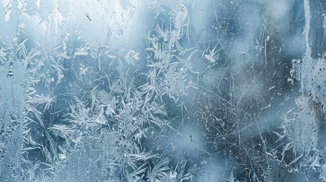 Abstract background of aged glass with a scratched dust effect and worn texture in light blue and white frost patterns.