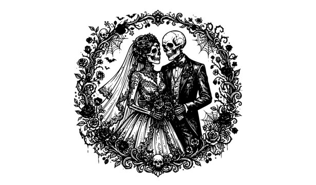 Skeleton Bride and Groom Wedding Wreath, Halloween Couple Vector Illustration