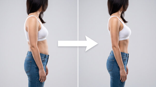 Faceless woman demonstrating body transformation progress in jeans and white top against plain background