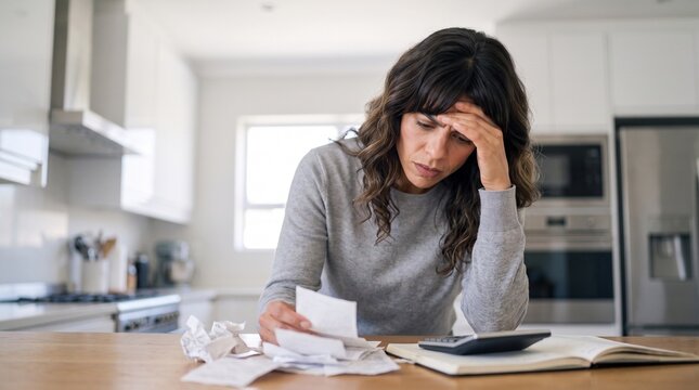 Stressed frustrated woman holding paper receipts and using calculator at home kitchen table. Worried female consumer facing inflation expenses, high debt, bill payments, and budget crisis.