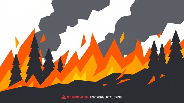 geometric vector illustration of forest burning in blazing wildfire with smoke