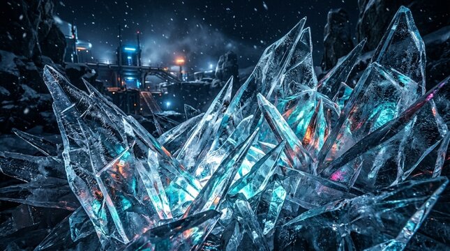 Ice crystals glow with inner light, futuristic outpost in snowy background