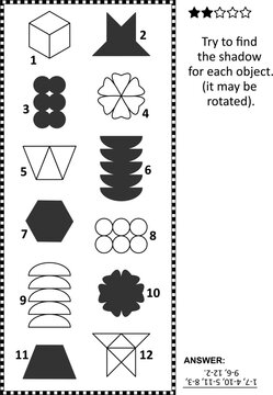 Educational math puzzle. Try to find shadow (may be rotated) for each object. 
