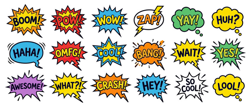 Comic Book Speech Bubbles with Onomatopoeia and Exclamations