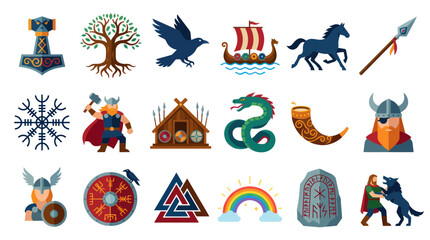 Obraz premium Flat Vector Norse Mythology and Viking Culture Icons Set. Ancient Scandinavian History Symbols Collection.