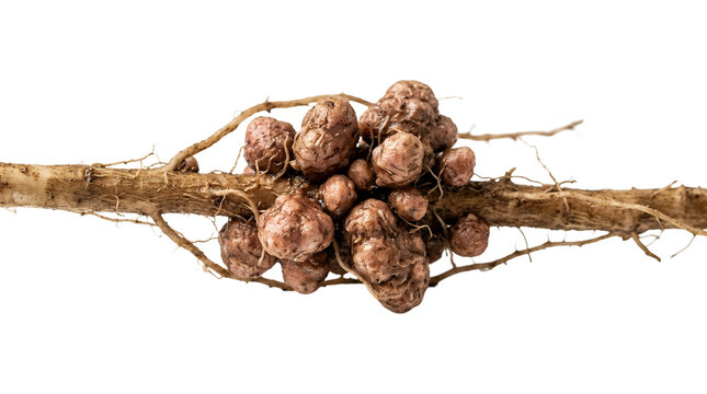 Plant root gall disease caused by parasitic nematodes on agriculture crop isolated on white.