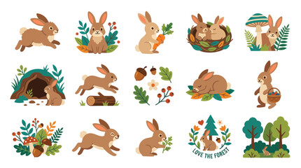 Obraz premium Cute Cartoon Rabbits and Bunnies Flat Illustration Set. Adorable Forest Animals and Nature Wildlife Vector