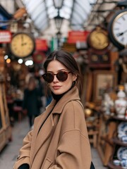 Obraz premium Young woman standing in a market. she is wearing a camel-colored coat and oversized sunglasses.