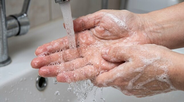 Washing hands with soap and water under running tap in bathroom sink