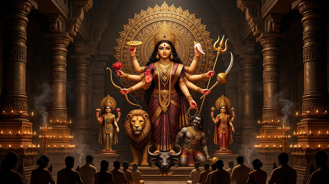 Majestic durga puja goddess idol with lion inside illuminated temple surrounded by devotees celebrating sacred navratri festival with traditional lamps and worship