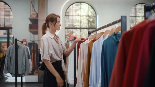 Clothing Store Shopping: Young Woman Browses a Row of Garments, Picks One Out and Holds It to Assess the Fit and Detailing, Then Puts It Back and Continues Her Search. Sustainble High Quality