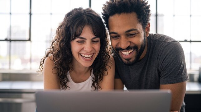 Happy multiethnic couple managing home finances using online banking app on laptop. Diverse young smiling man and brunette woman planning budget, paying bills and tracking savings together.