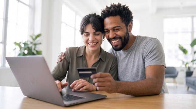 Happy interracial couple making fast digital payment online, using credit card and laptop for internet banking, retail shopping, modern financial transfer and secure digital transaction.