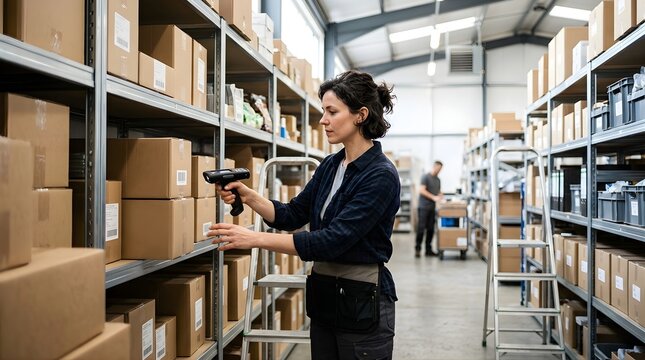 Female warehouse worker scanning cardboard boxes for inventory management