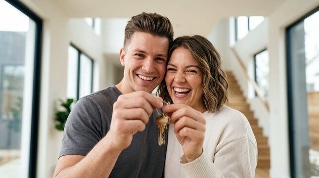 Extremely happy young couple holding new house keys standing in modern home hallway, celebrating real estate mortgage approval, first home ownership investment and successful property purchase