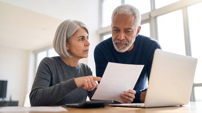 Mature senior couple reviewing retirement pension documents and calculated financial planning budget together on laptop computer at home, calculating insurance tax and healthcare savings bill